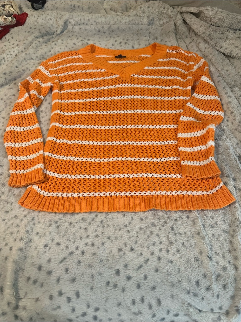 Talbots Orange and White Striped V-Neck Sweater